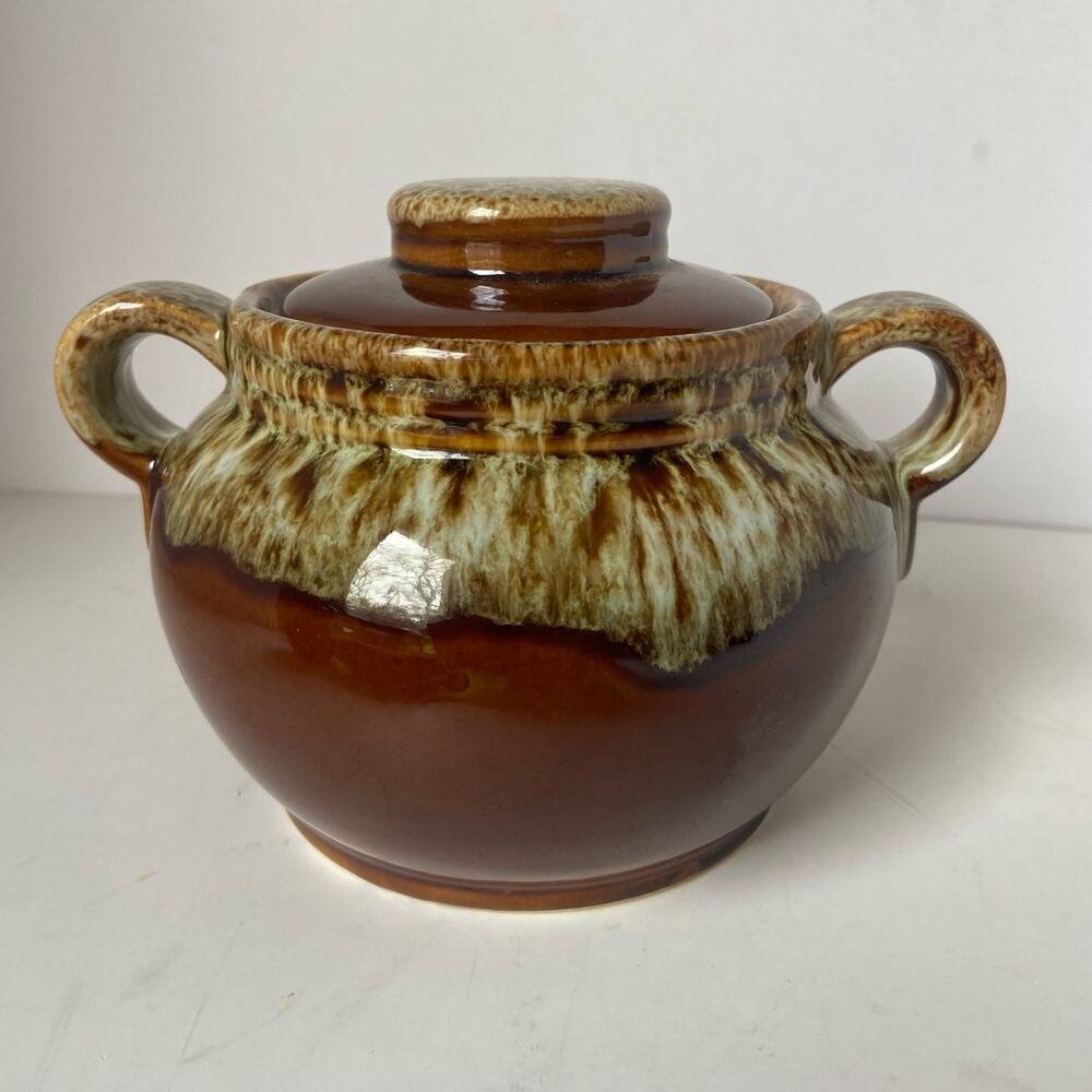 Drip Brown Small Bean Pot With Lid Unmarked EUC